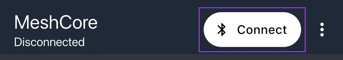 MeshCore app home screen showing connected device