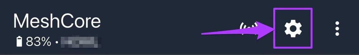 MeshCore app with settings gear icon highlighted