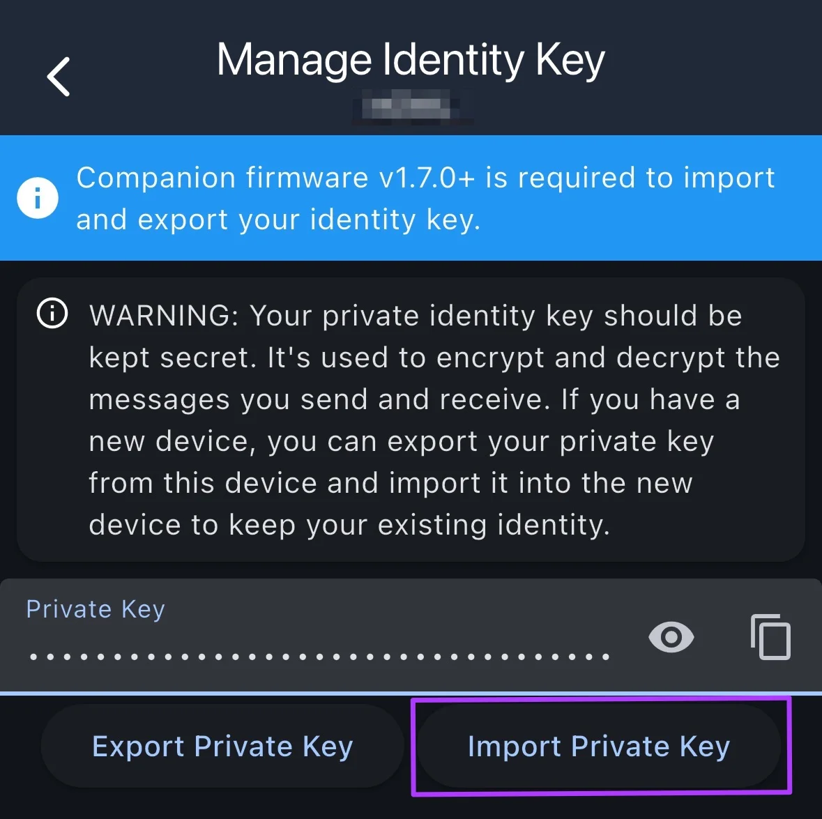 Import Private Key button highlighted