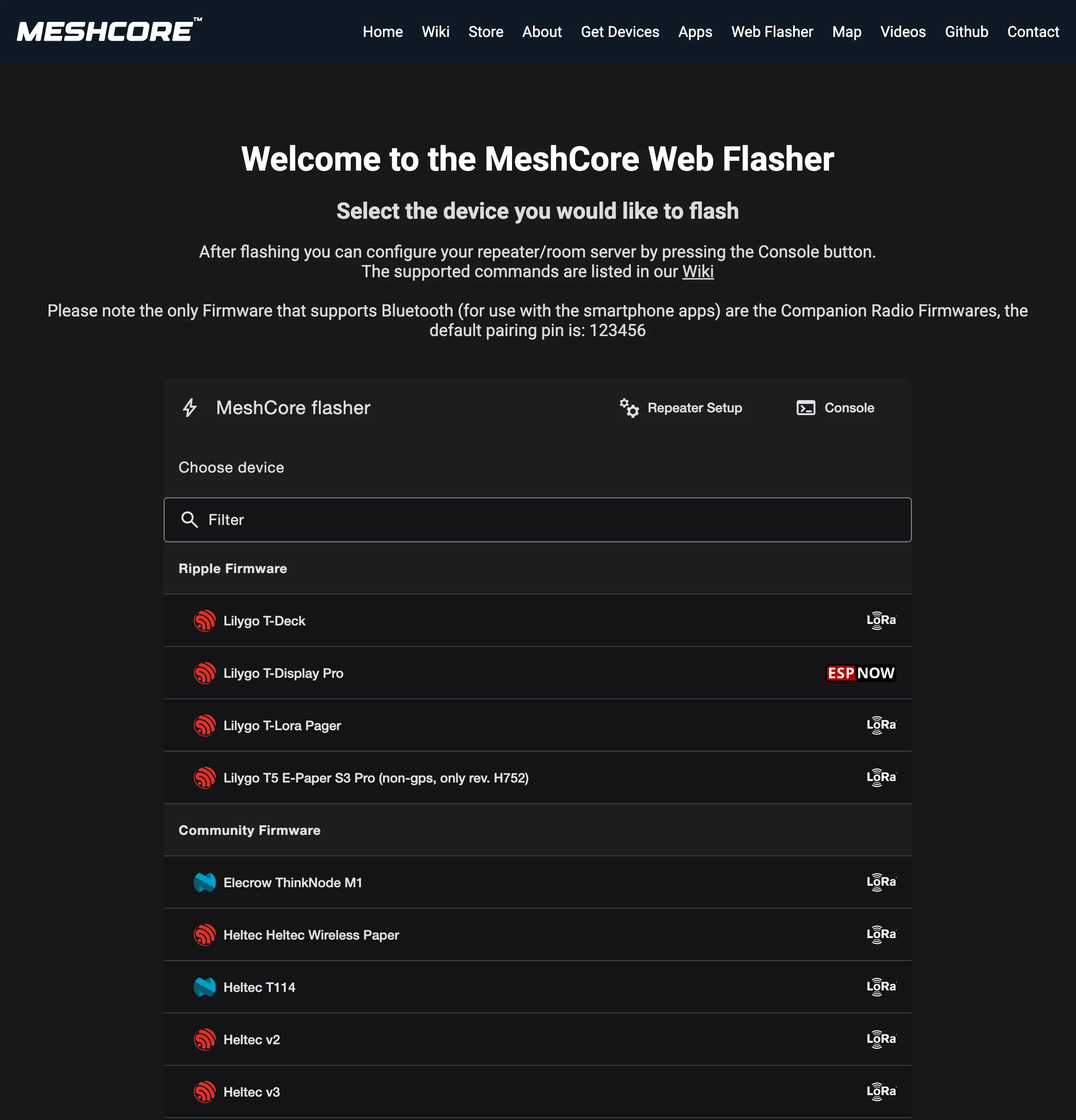 MeshCore flasher website homepage